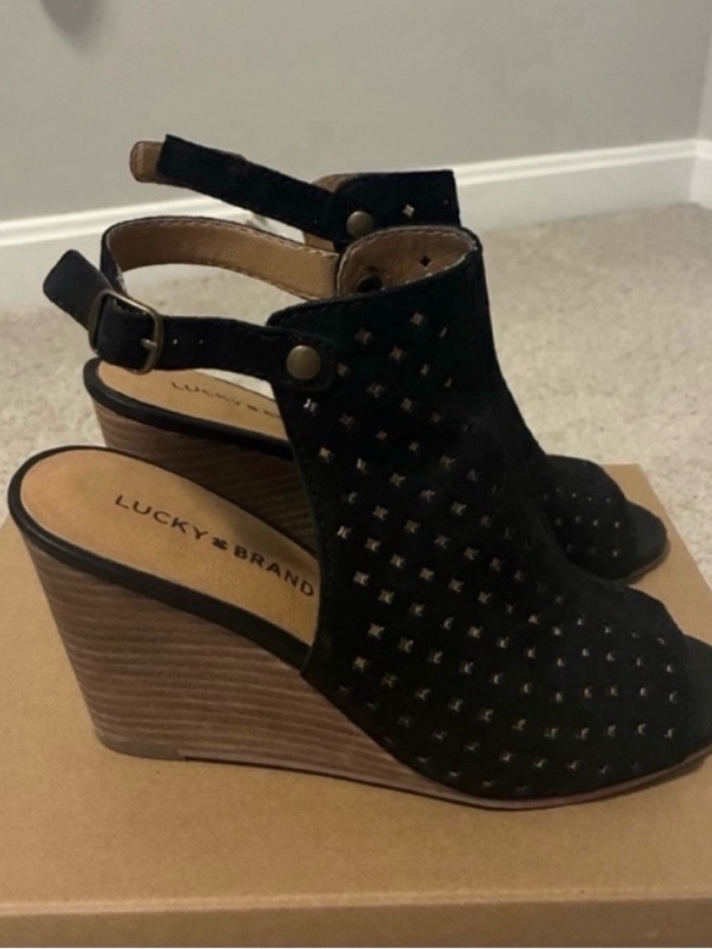 Lucky Brand Black Regina Wedge with Lasercut Detail